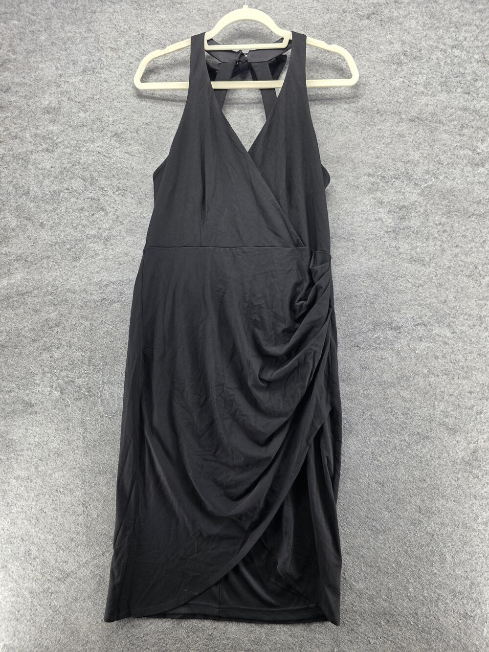 Belle Poque Dress Womens M Black Wrap Halter Midi Ruched Layered Lined